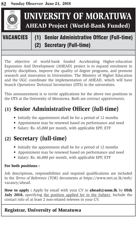 Senior Administrative Officer, Secretary - University of Moratuwa